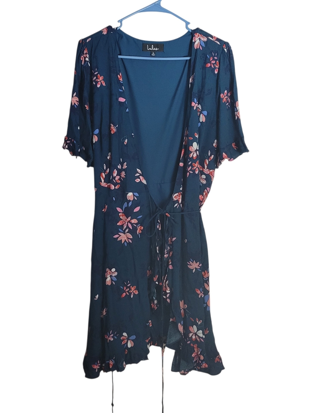Lulu's Teal Floral Wrap Dress with Pink Accents